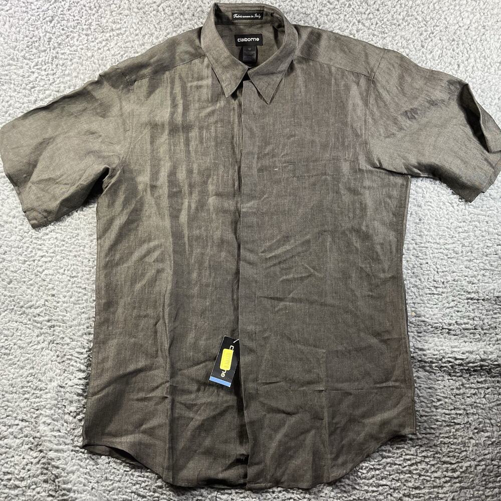 NWT Claiborne Mens Medium Short Sleeve Button Down Shirt Linen Italy Fabric